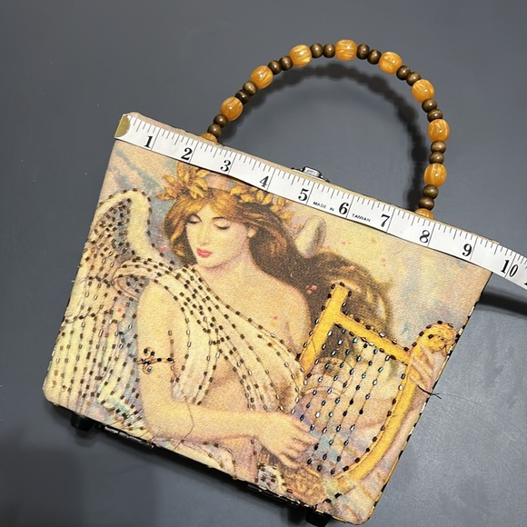Very cool Vintage Cigar Box Bag beaded angel playing harp image wood bead handle - Picture 6 of 9